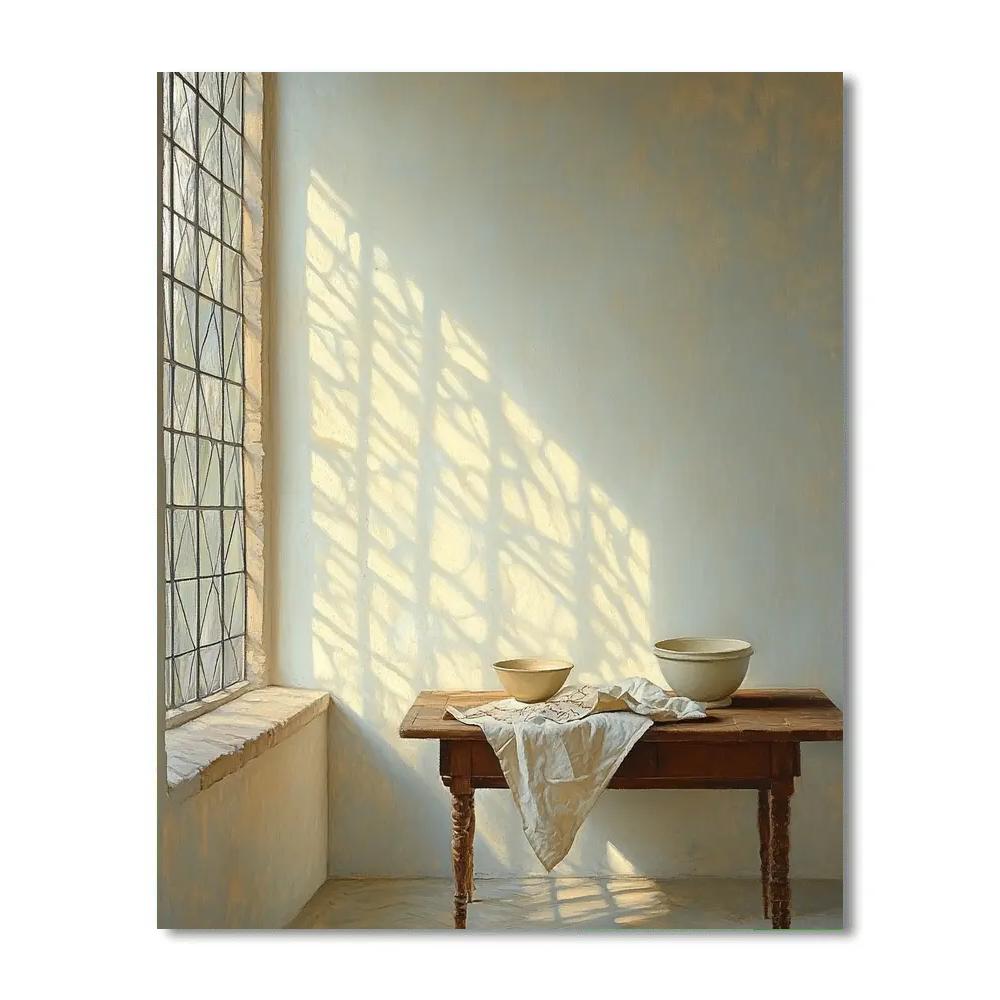 Johannes Vermeer Inspired Sunlit Window With Draped Fabric paint by numbers