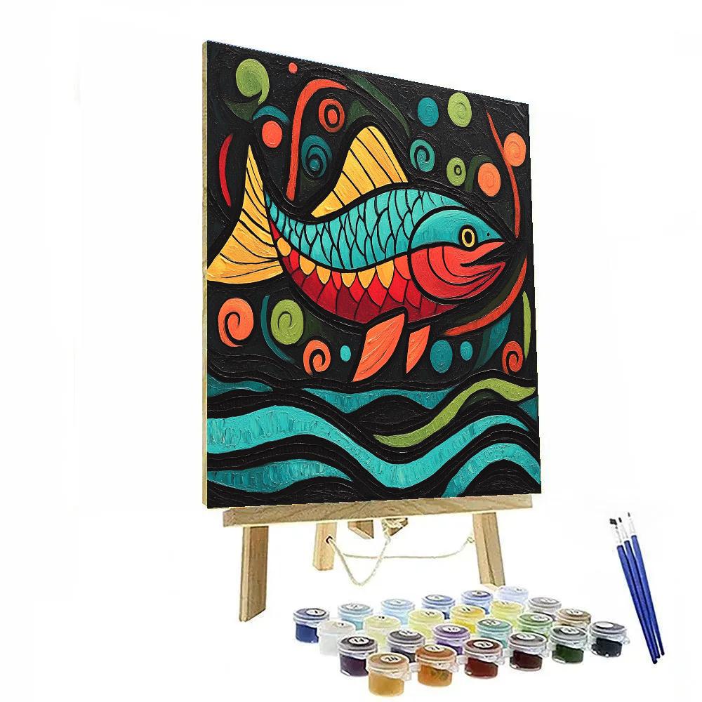 Norval Morrisseau Inspired Salmon Of The Flowing Stream paint by color