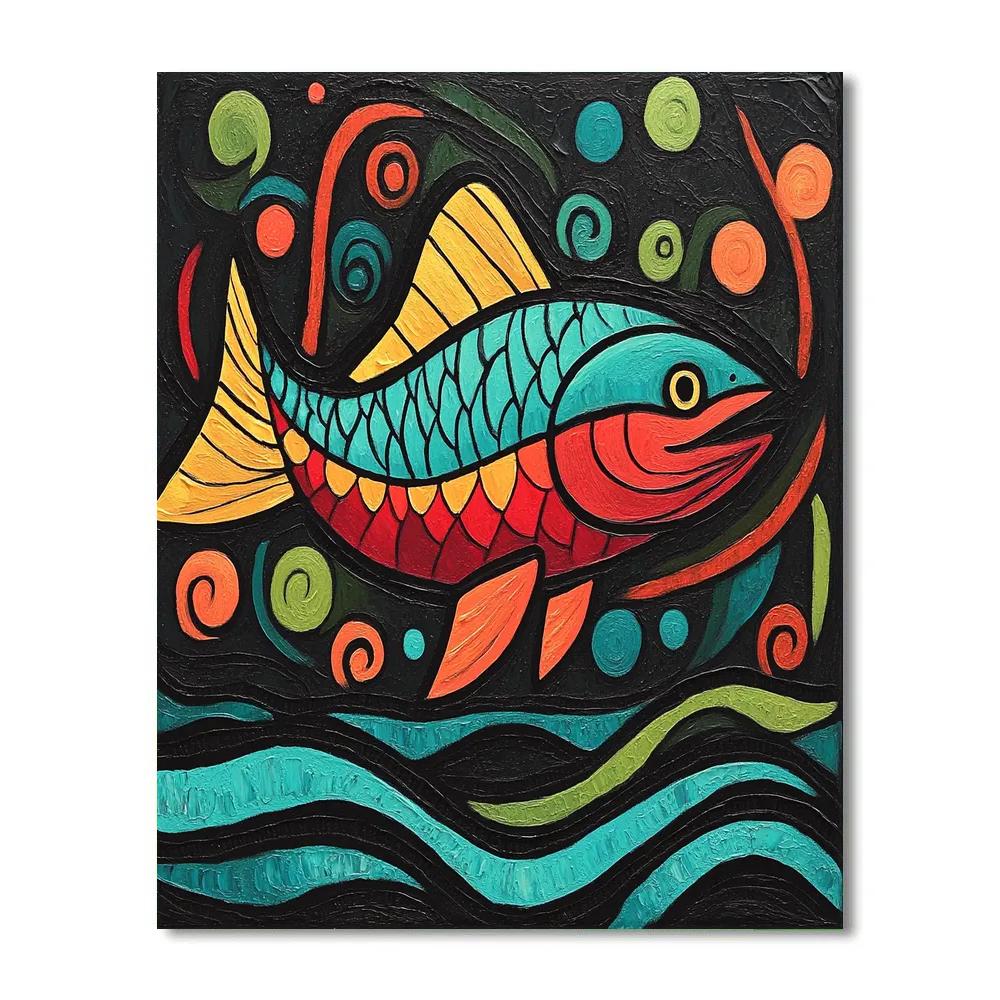 Norval Morrisseau Inspired Salmon Of The Flowing Stream paint by color