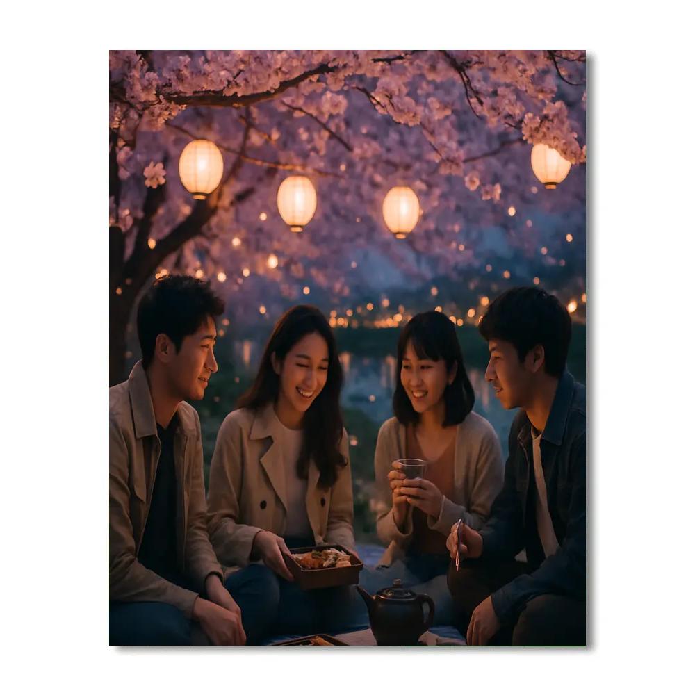Hanami Evening Picnic Beneath Blossoms painting number kit