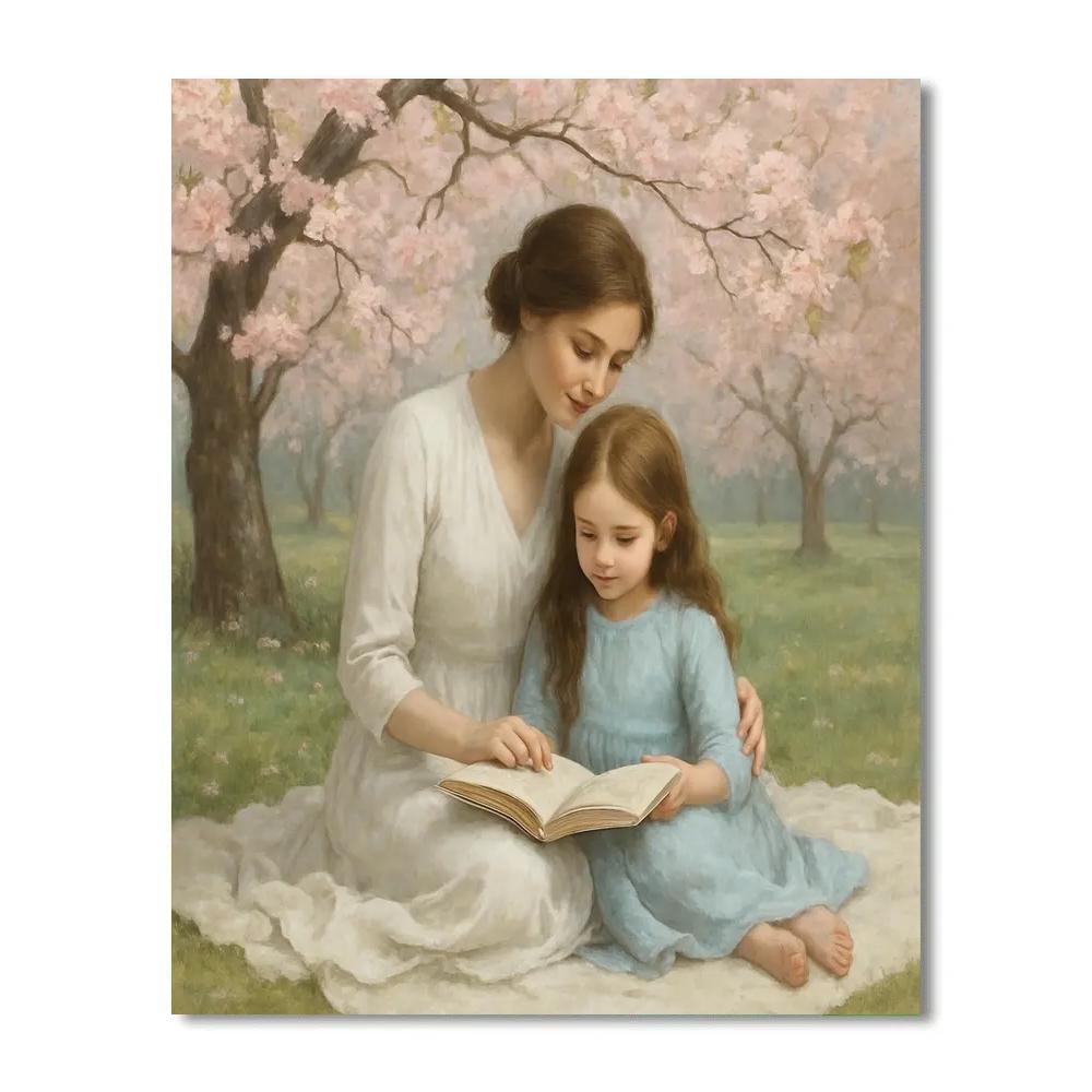 Reading Together Beneath Cherry Blossoms Painting by numbers kit