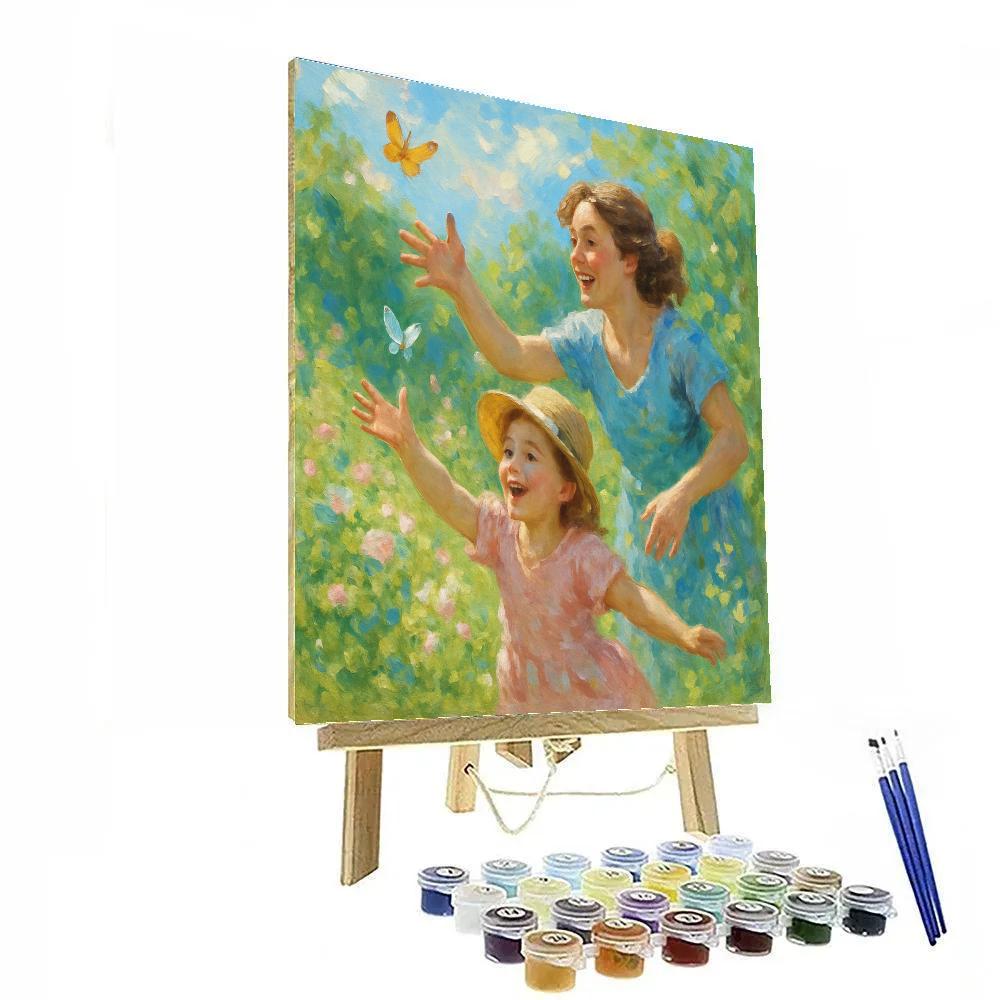 Springtime Butterfly Chase With Mom Paint by numbers art