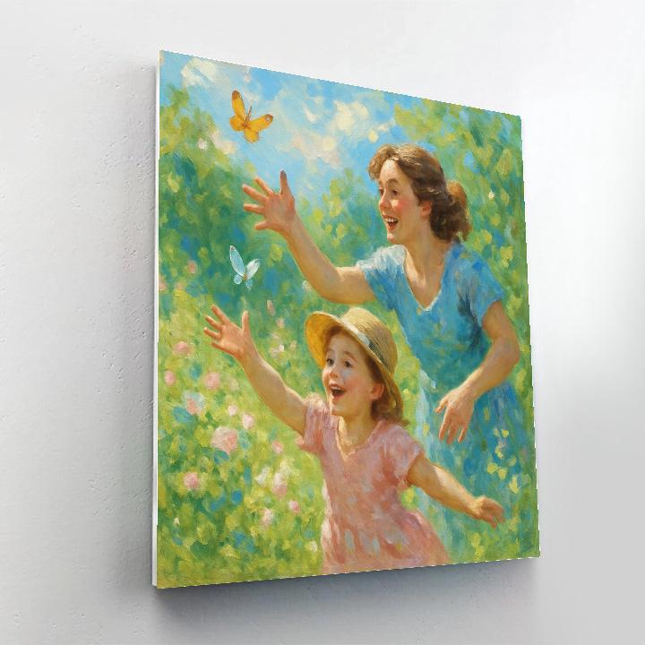 Springtime Butterfly Chase With Mom Paint by numbers art