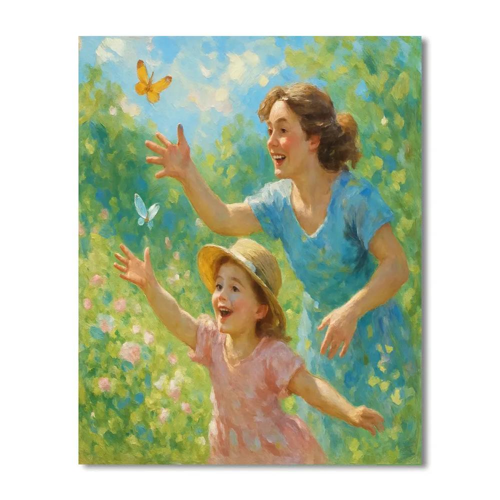 Springtime Butterfly Chase With Mom Paint by numbers art