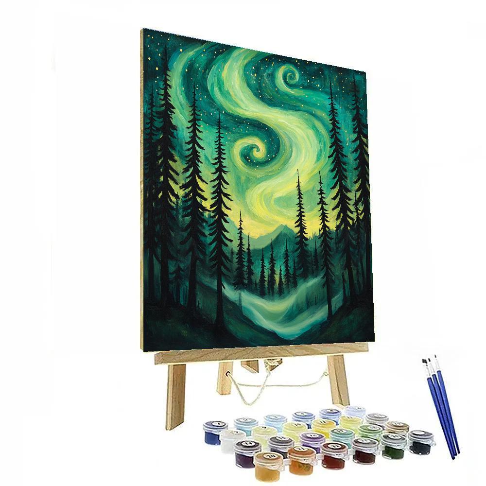 Edvard Munch Inspired Cosmic Aurora Over Pine Hollow Paint by numbers art
