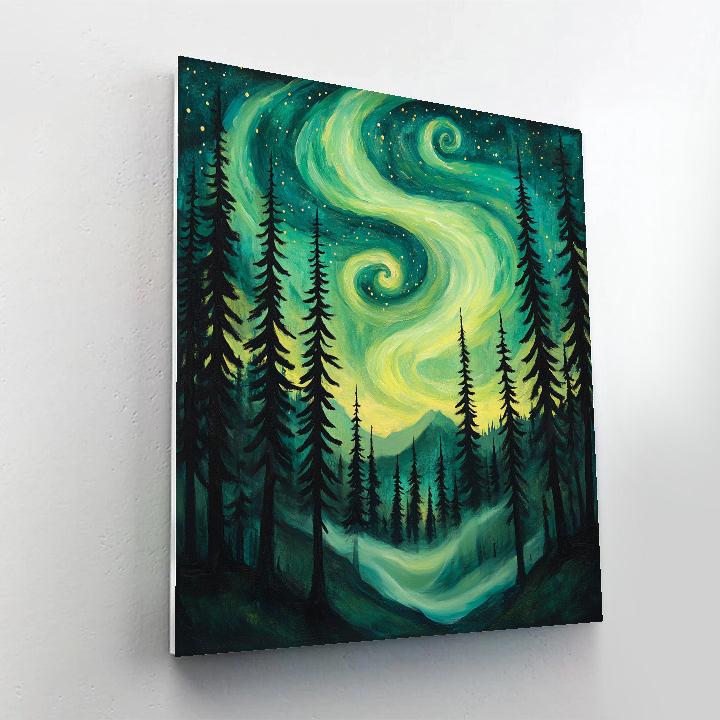 Edvard Munch Inspired Cosmic Aurora Over Pine Hollow Paint by numbers art