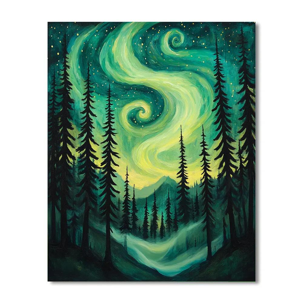 Edvard Munch Inspired Cosmic Aurora Over Pine Hollow Paint by numbers art