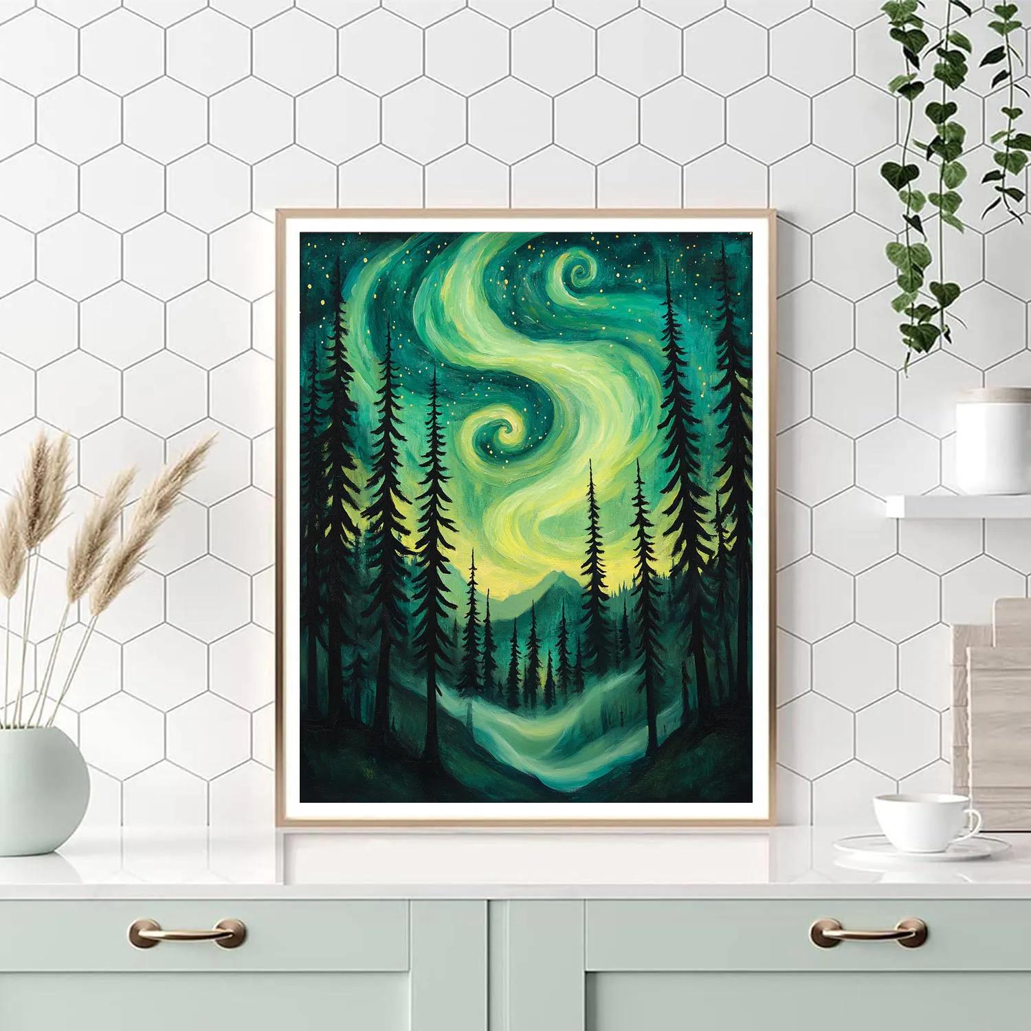 Edvard Munch Inspired Cosmic Aurora Over Pine Hollow Paint by numbers art