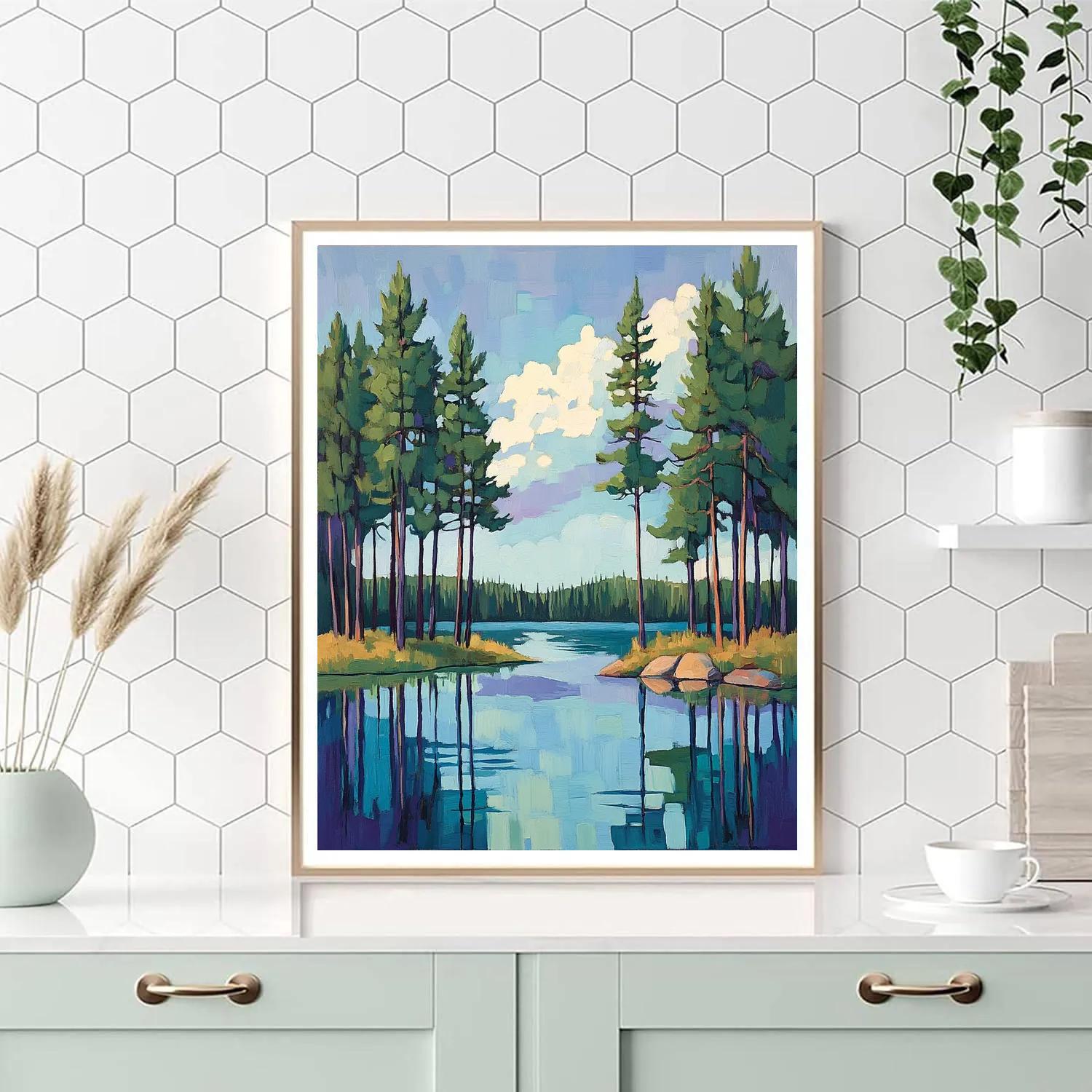 J. E. H. MacDonald Inspired Pines Framing Northern Lake DIY paint by numbers