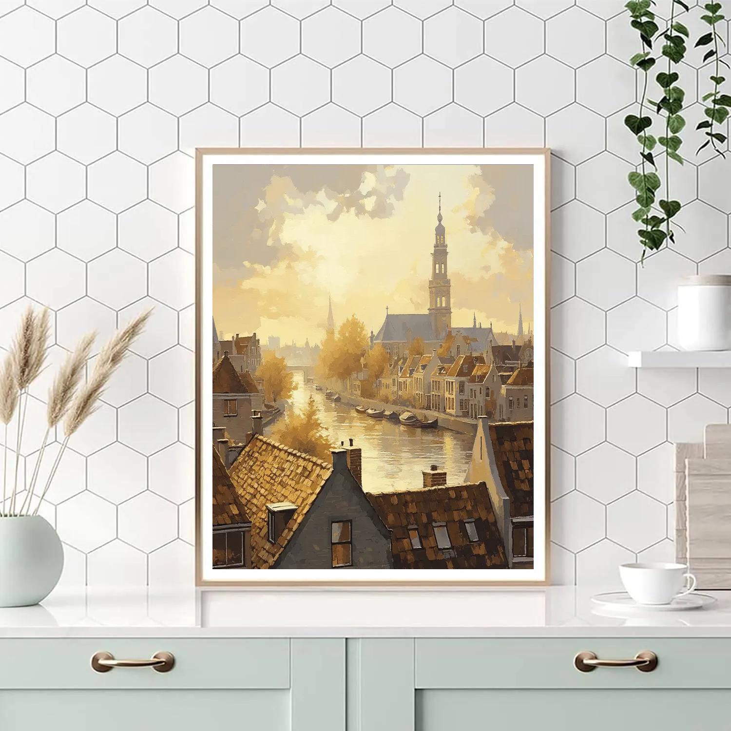 Johannes Vermeer Inspired Delft Rooftops In Golden Light paint by number
