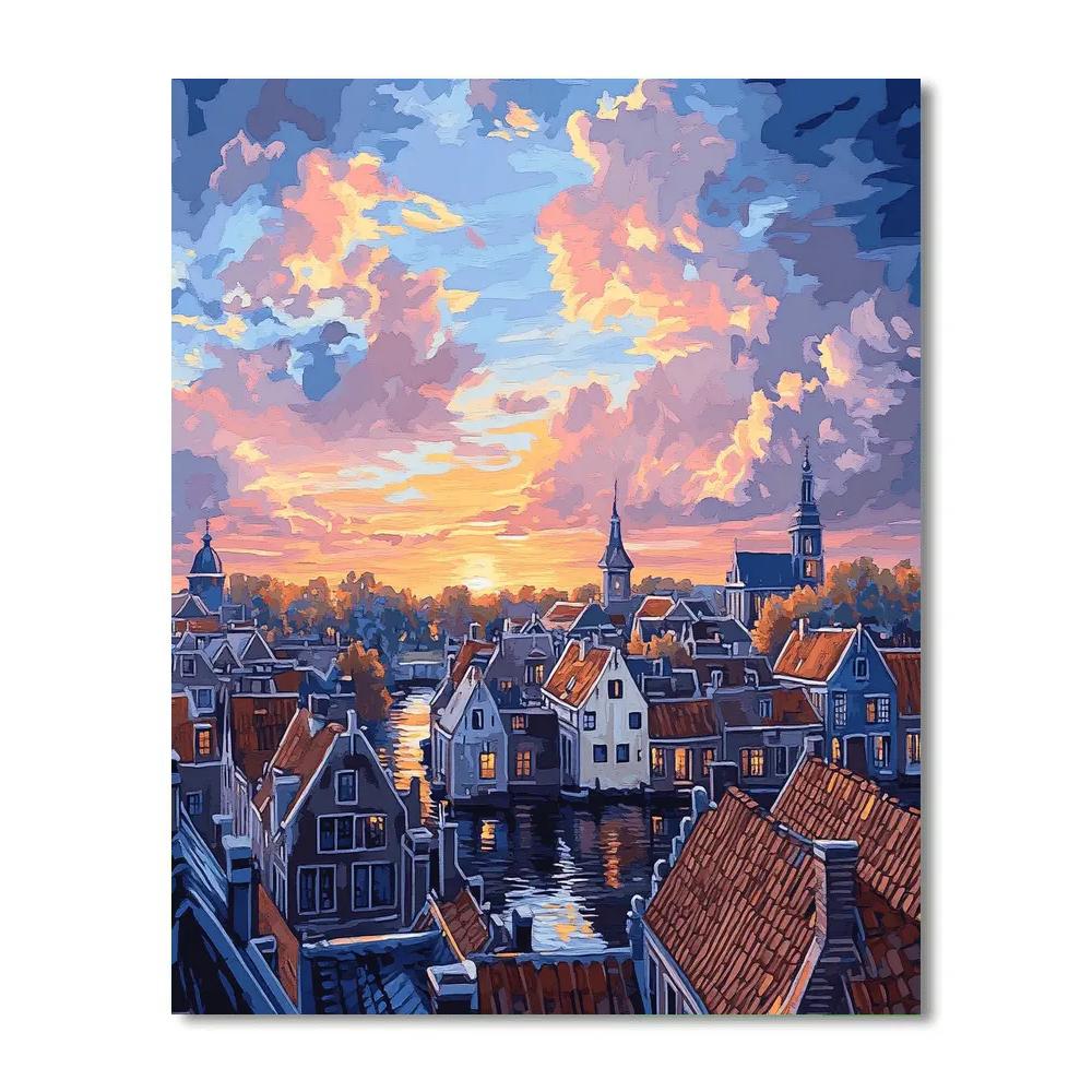 Johannes Vermeer Inspired Delft Rooftops At Sunset Glow Paint by numbers kits