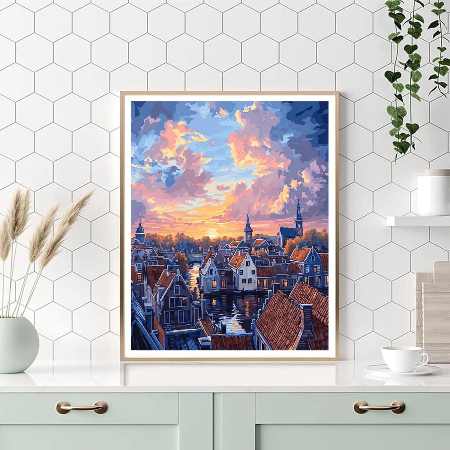 Johannes Vermeer Inspired Delft Rooftops At Sunset Glow Paint by numbers kits