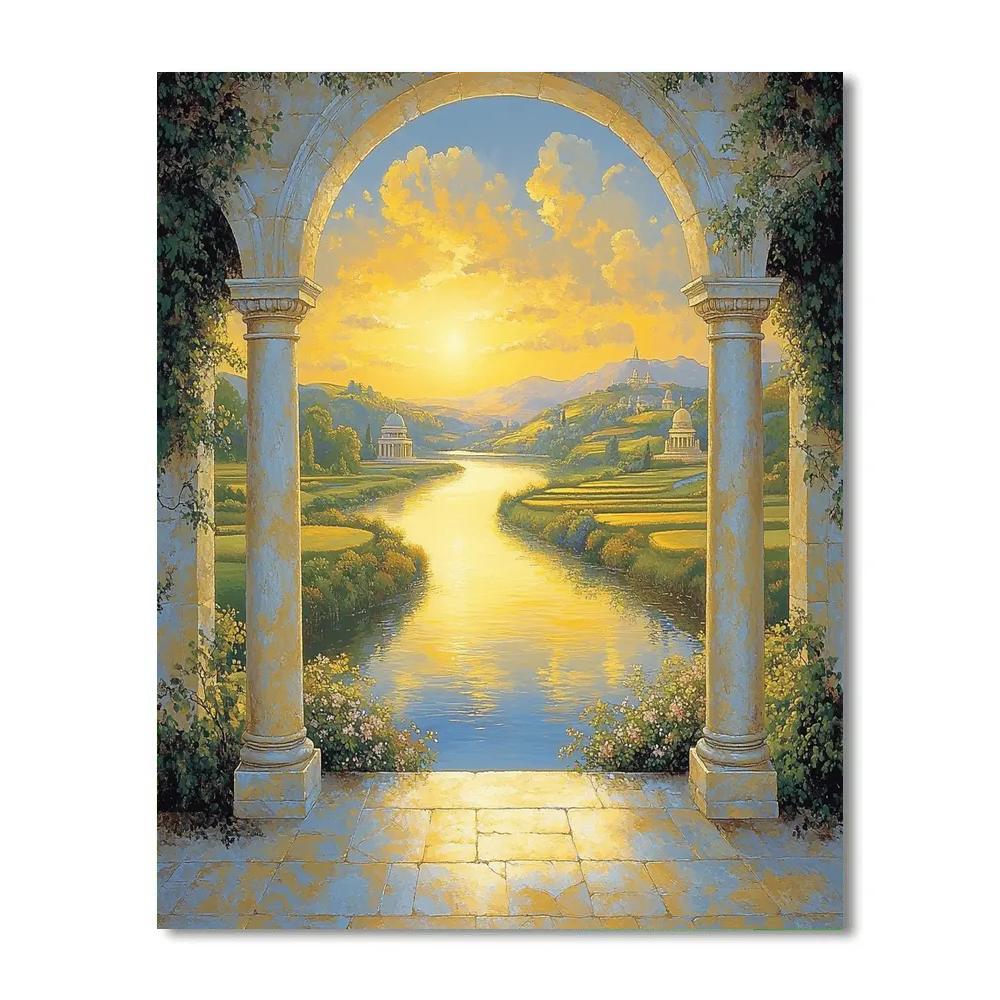Raphael Inspired Golden Archway Over Serene River painting number kit