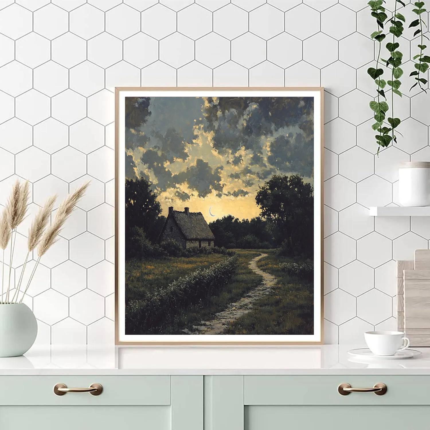 Rembrandt Inspired Twilight Cottage In Shadowy Fields Numbered painting kits