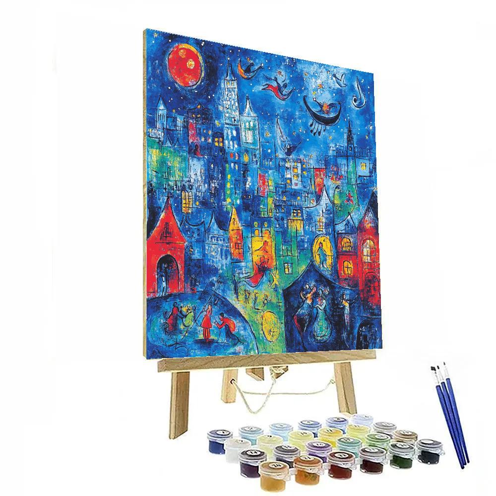 Marc Chagall Inspired Dreamy Cityscape With Floating Figures paint by color