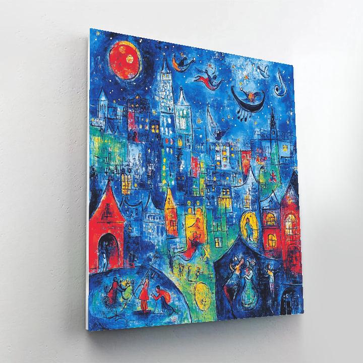 Marc Chagall Inspired Dreamy Cityscape With Floating Figures paint by color