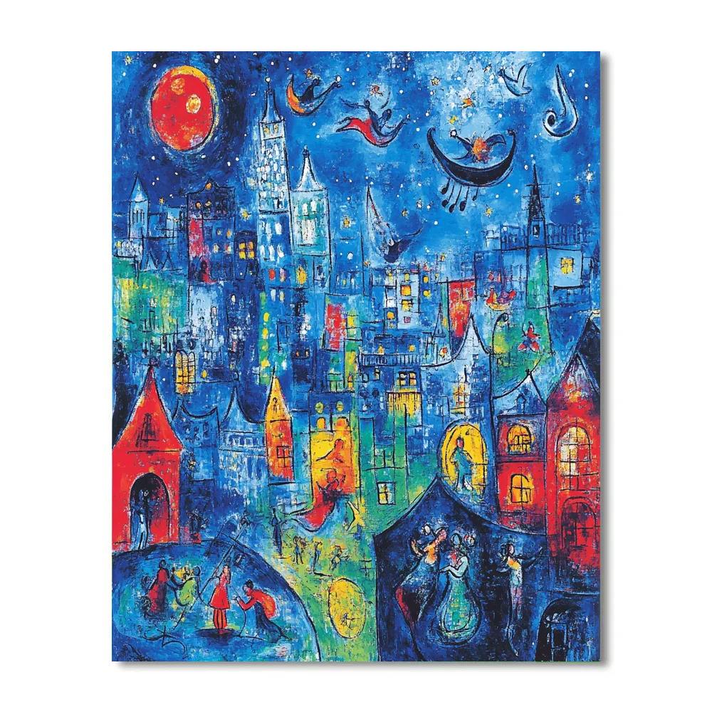 Marc Chagall Inspired Dreamy Cityscape With Floating Figures paint by color