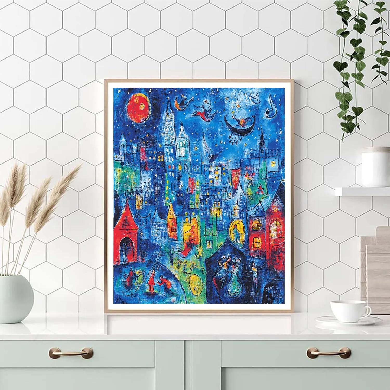 Marc Chagall Inspired Dreamy Cityscape With Floating Figures paint by color