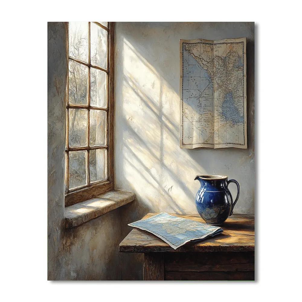 Johannes Vermeer Inspired Sunlit Window With Map And Pitcher Number painting