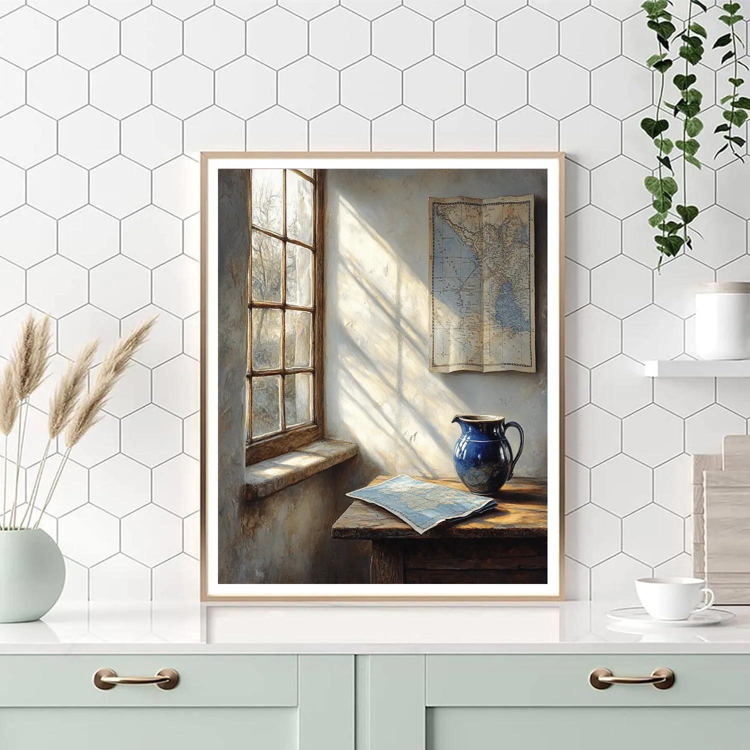 Johannes Vermeer Inspired Sunlit Window With Map And Pitcher Number painting