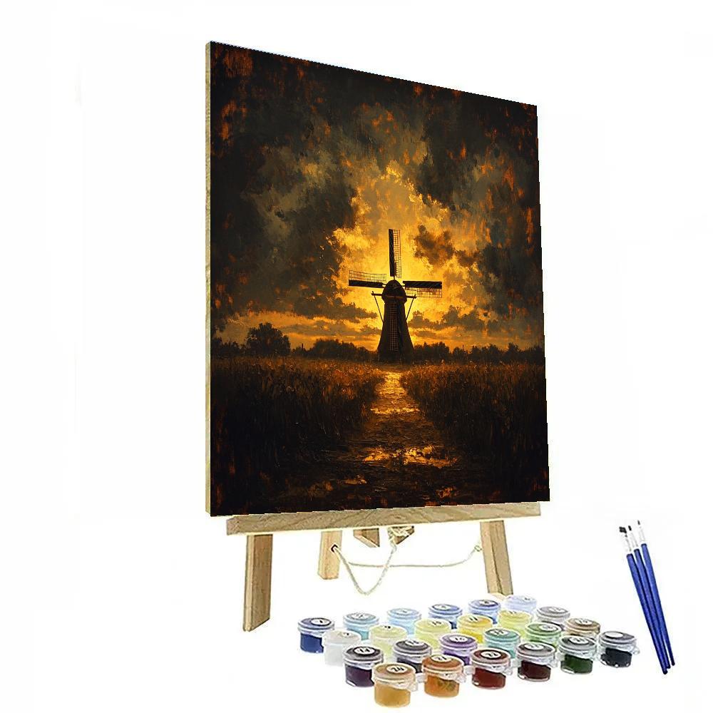 Rembrandt Inspired Windmill Silhouetted Against Dusk DIY paint by numbers