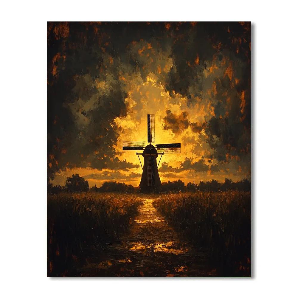Rembrandt Inspired Windmill Silhouetted Against Dusk DIY paint by numbers