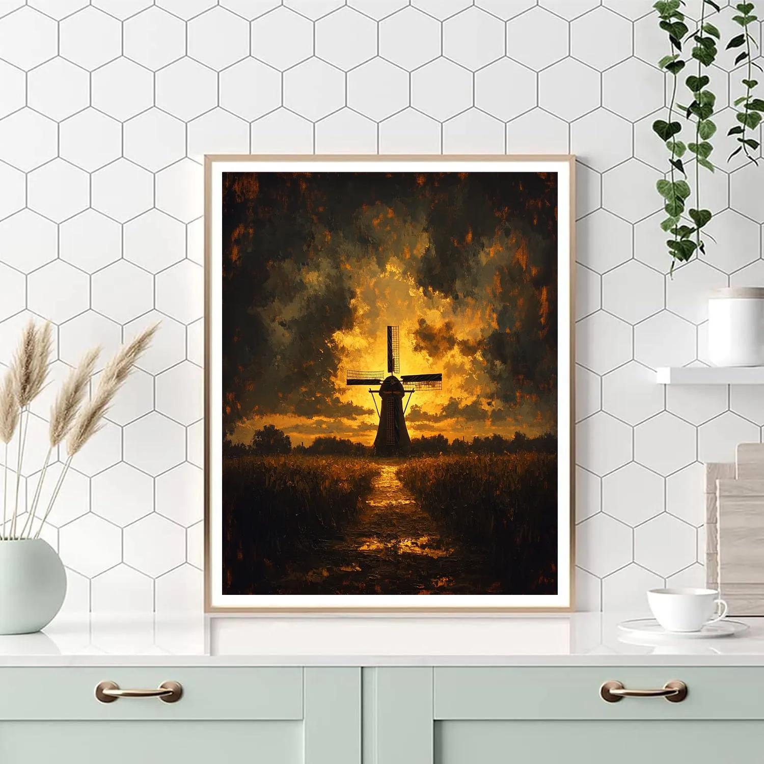 Rembrandt Inspired Windmill Silhouetted Against Dusk DIY paint by numbers
