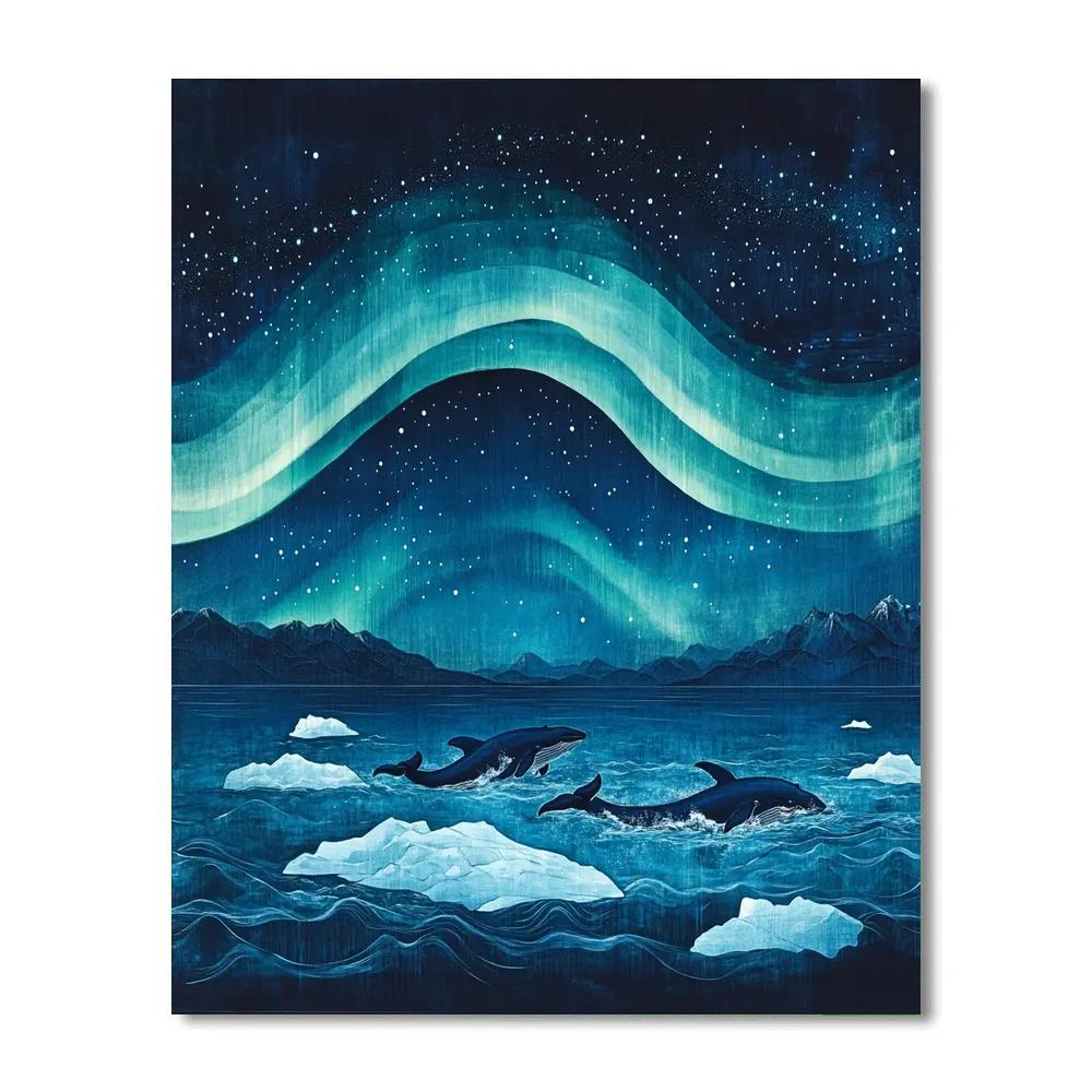 Hokusai Inspired Aurora Over Arctic Whales paint by number