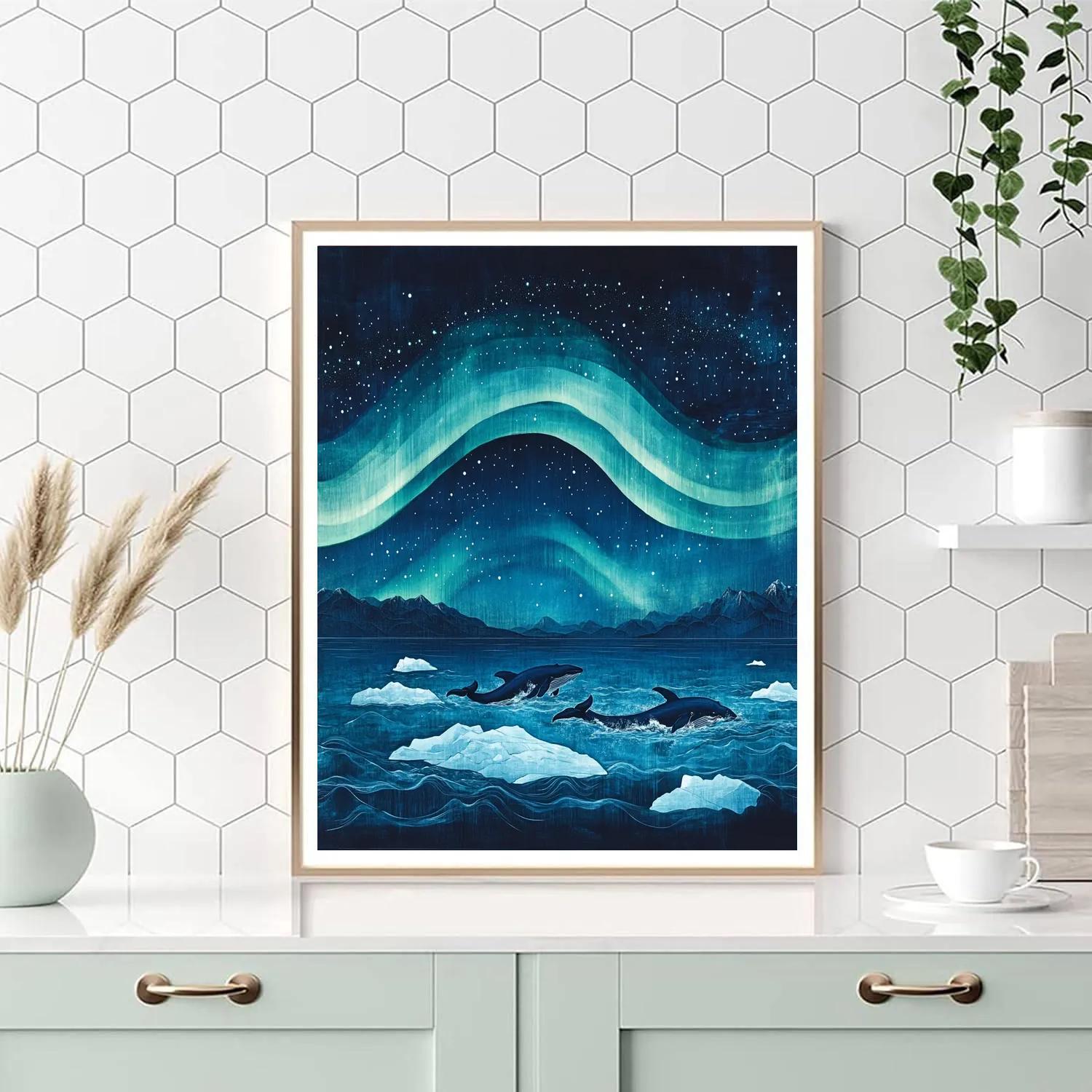 Hokusai Inspired Aurora Over Arctic Whales paint by number
