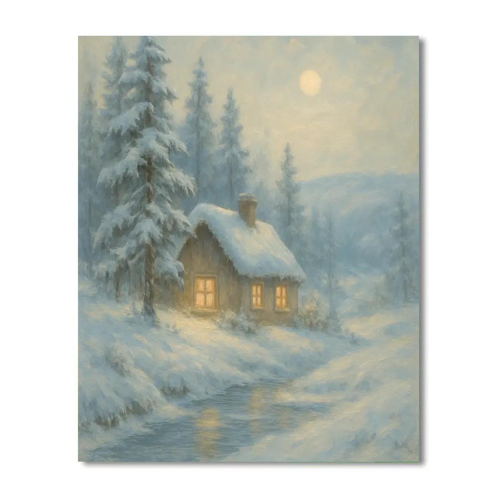 Moonlit Pine Cottage Number painting