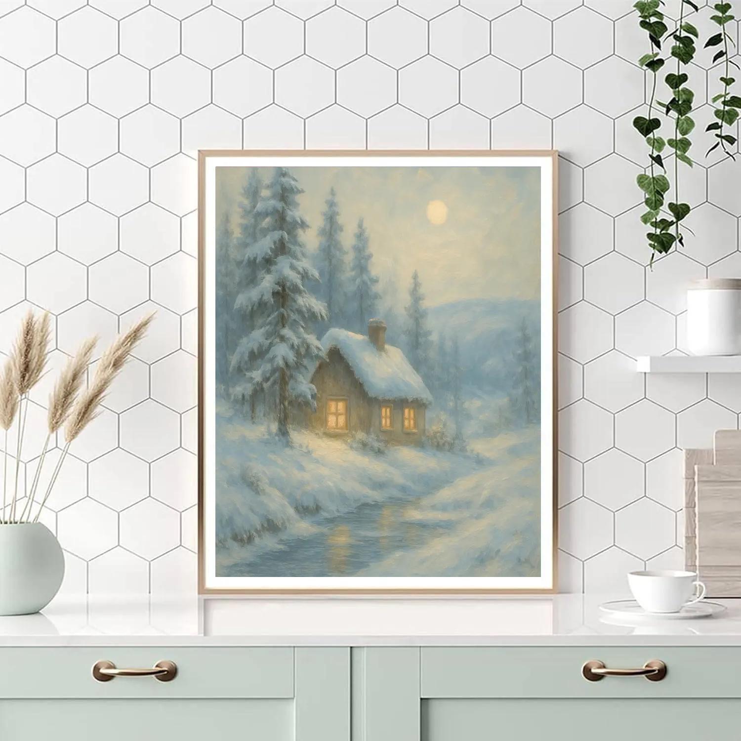 Moonlit Pine Cottage Number painting
