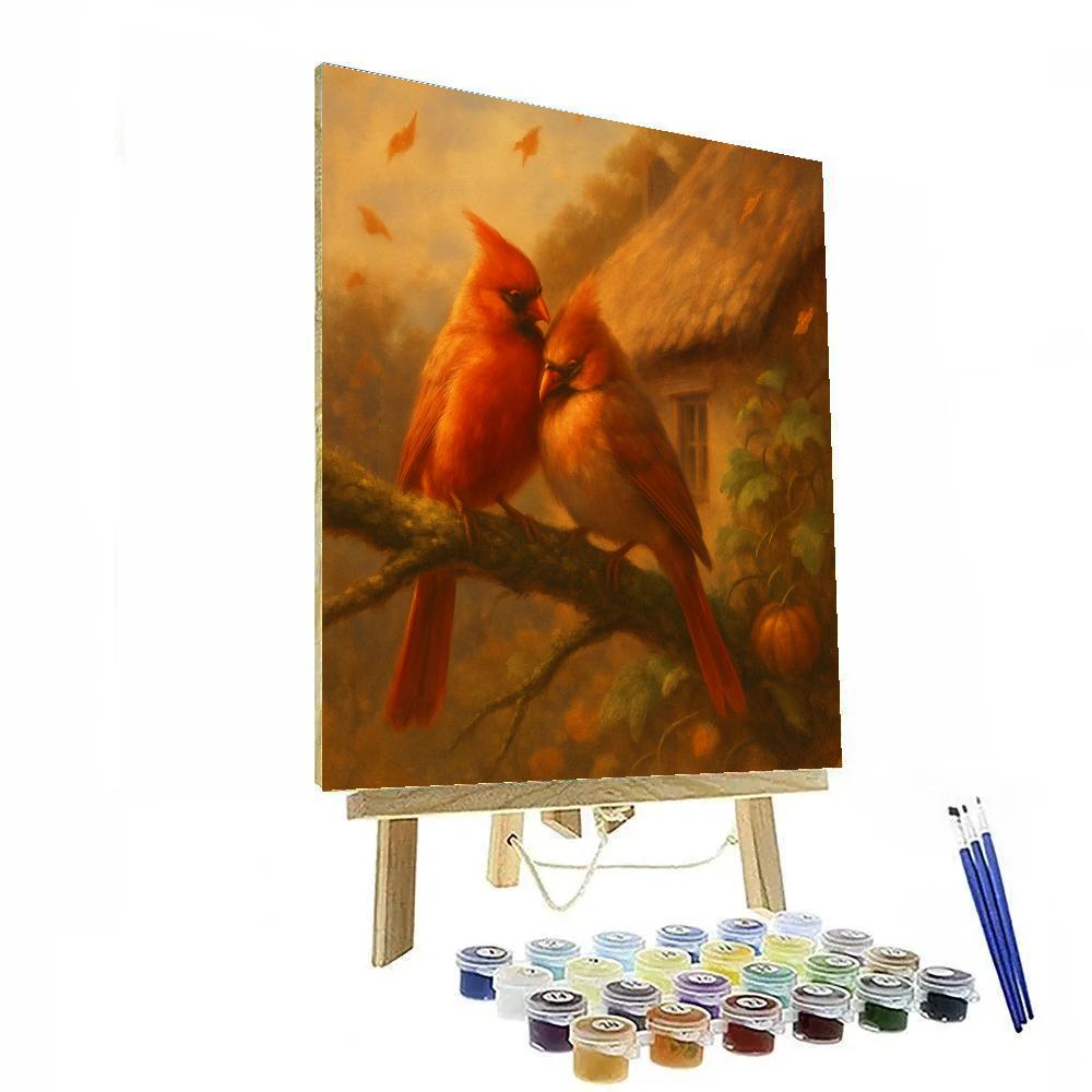 Autumn Cardinals On A Cottage Branch Painting by numbers kit