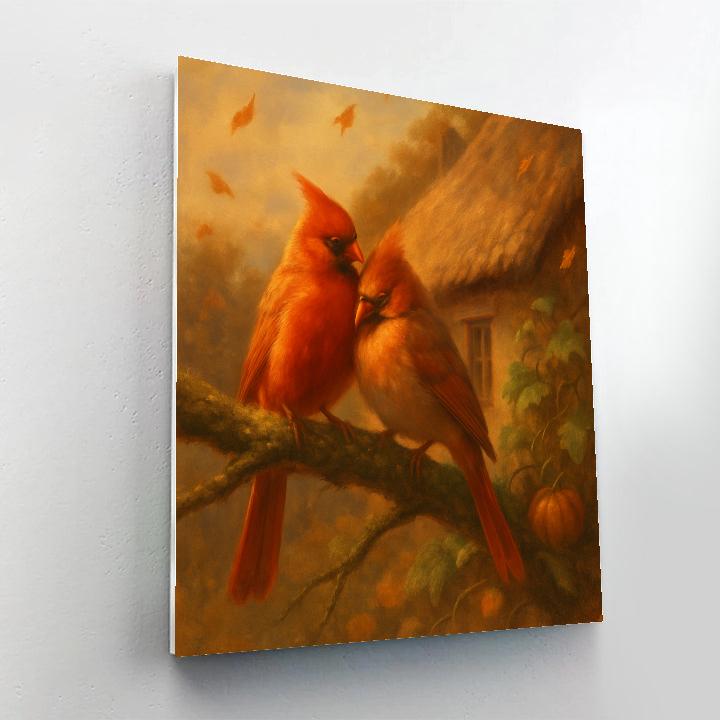 Autumn Cardinals On A Cottage Branch Painting by numbers kit