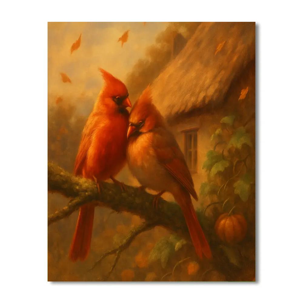 Autumn Cardinals On A Cottage Branch Painting by numbers kit