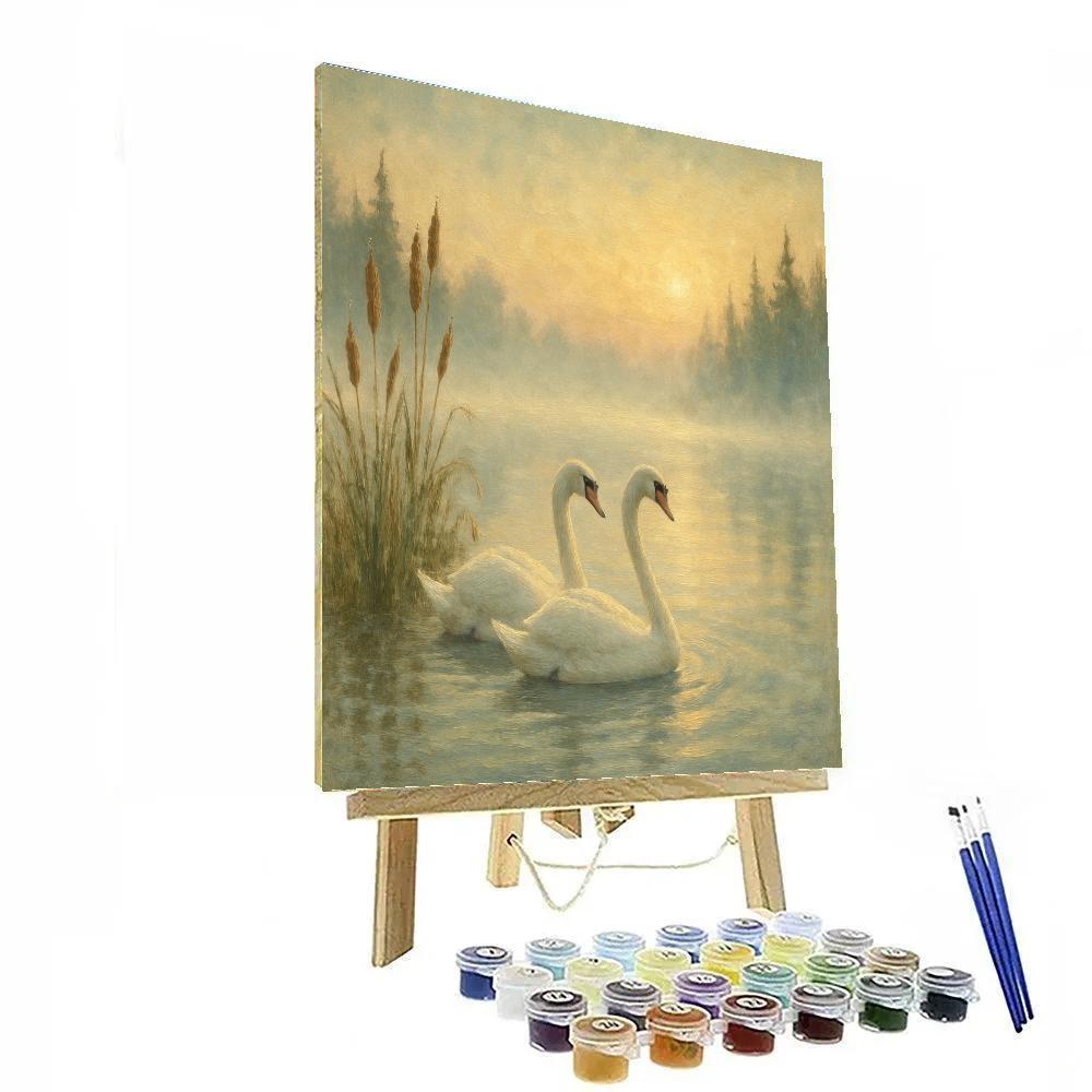 Swans Across The Misty Lake paint by color