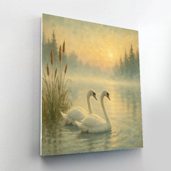 Swans Across The Misty Lake paint by color