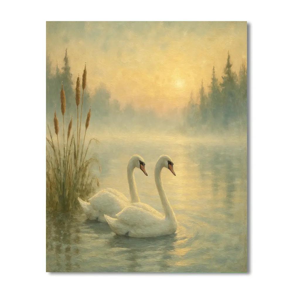 Swans Across The Misty Lake paint by color