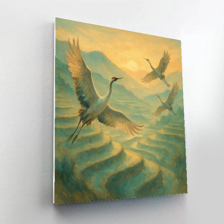 Crane Sunrise Over Rice Terraces paint by number