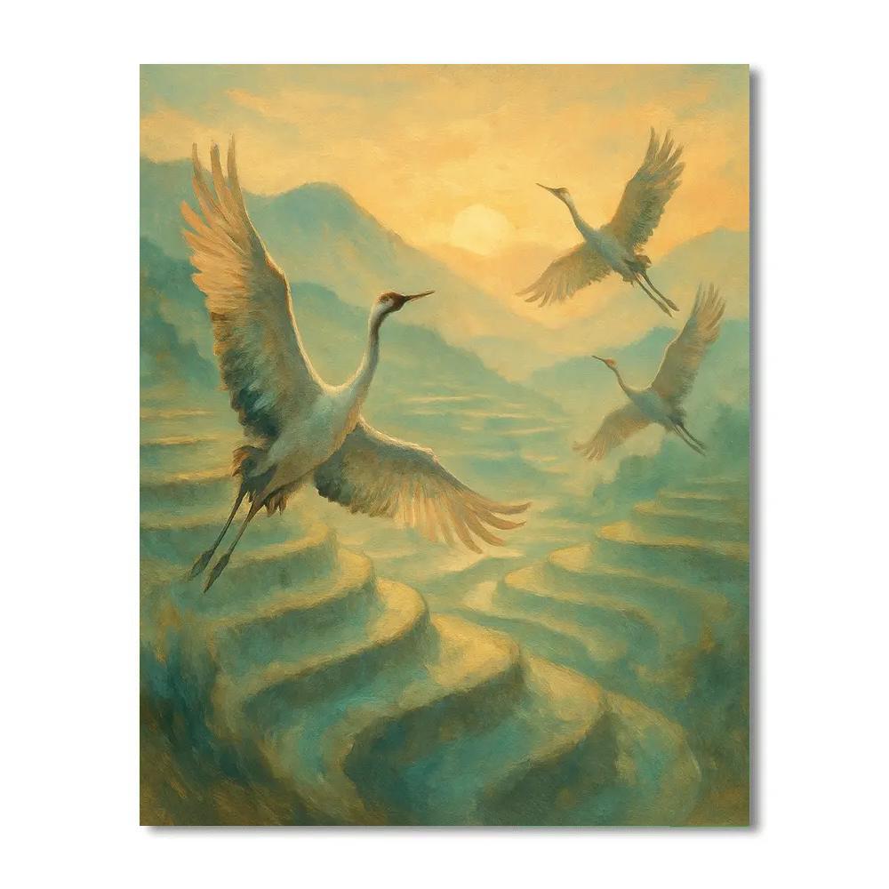 Crane Sunrise Over Rice Terraces paint by number