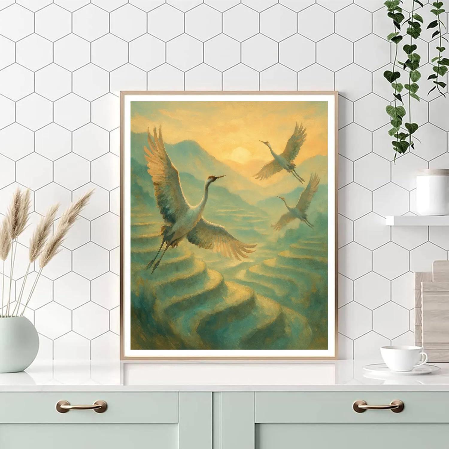 Crane Sunrise Over Rice Terraces paint by number