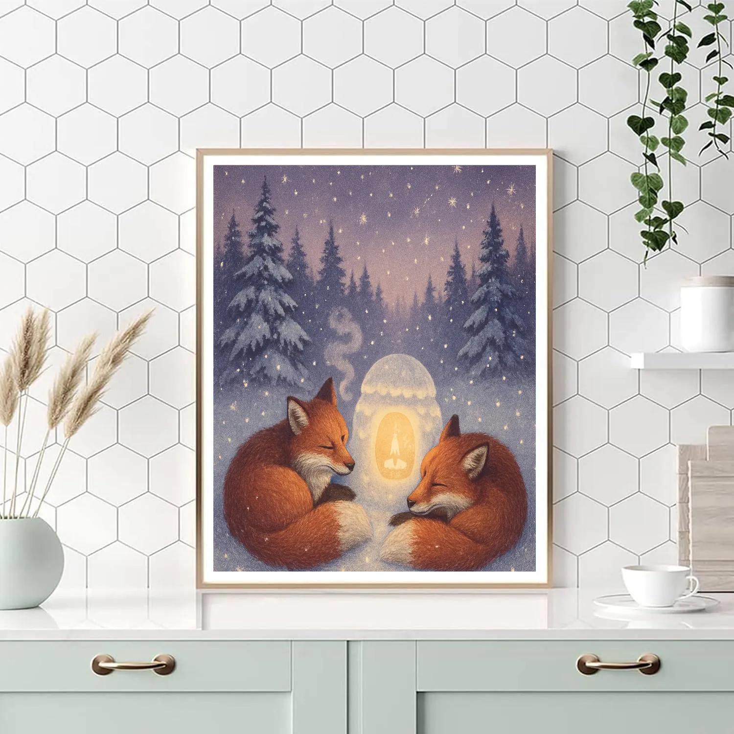Snow Lantern Foxes Number painting