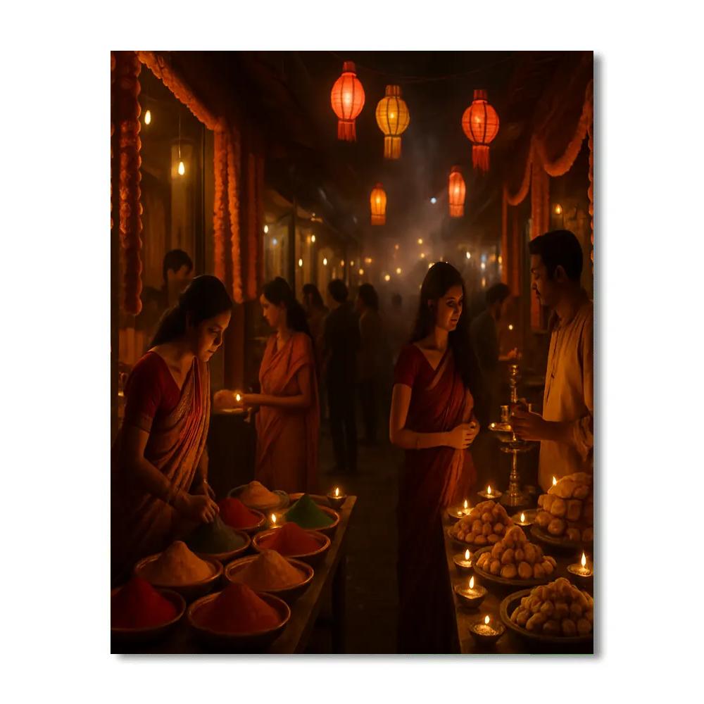 Diwali Market Street At Night Numbered painting kits