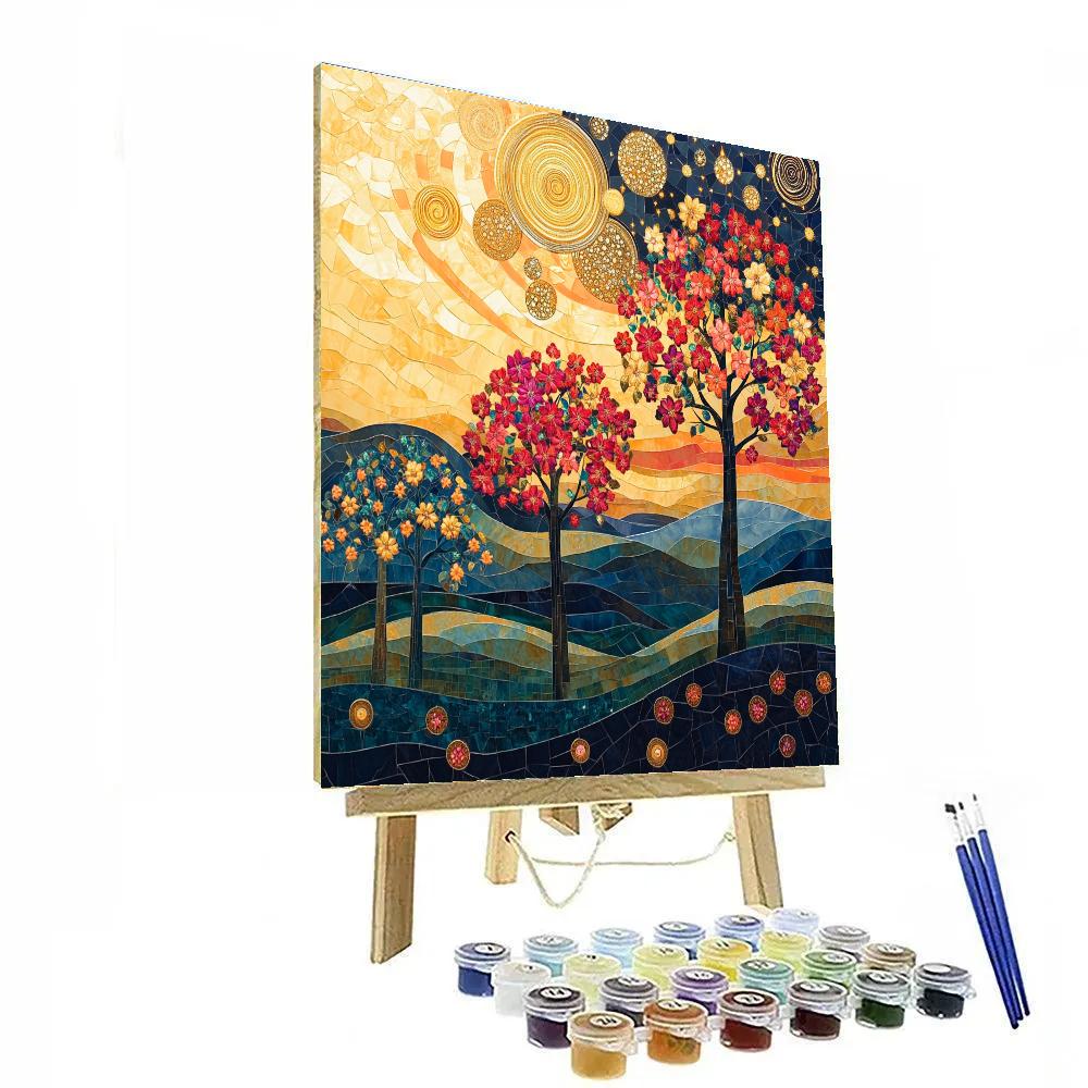Gustav Klimt Inspired Ornate Sunset Over Blossoming Hills Number painting
