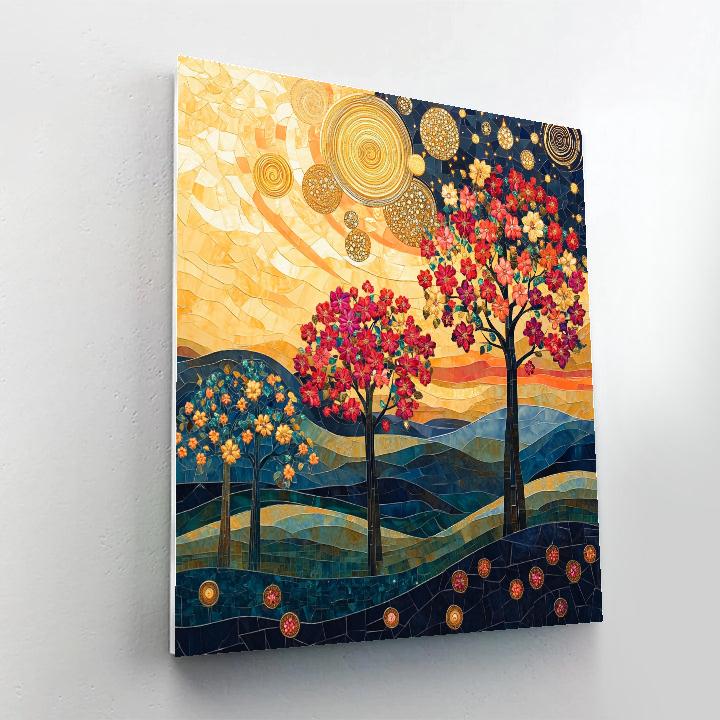 Gustav Klimt Inspired Ornate Sunset Over Blossoming Hills Number painting