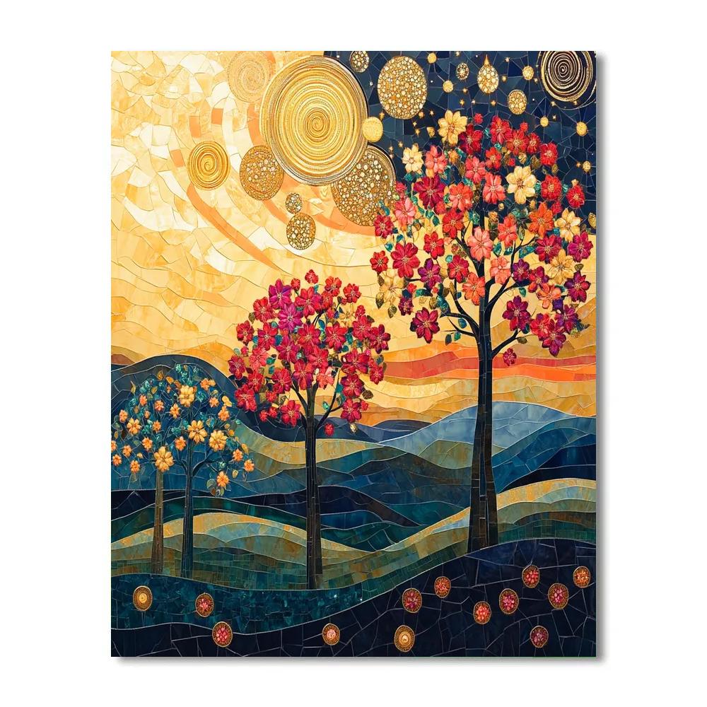 Gustav Klimt Inspired Ornate Sunset Over Blossoming Hills Number painting