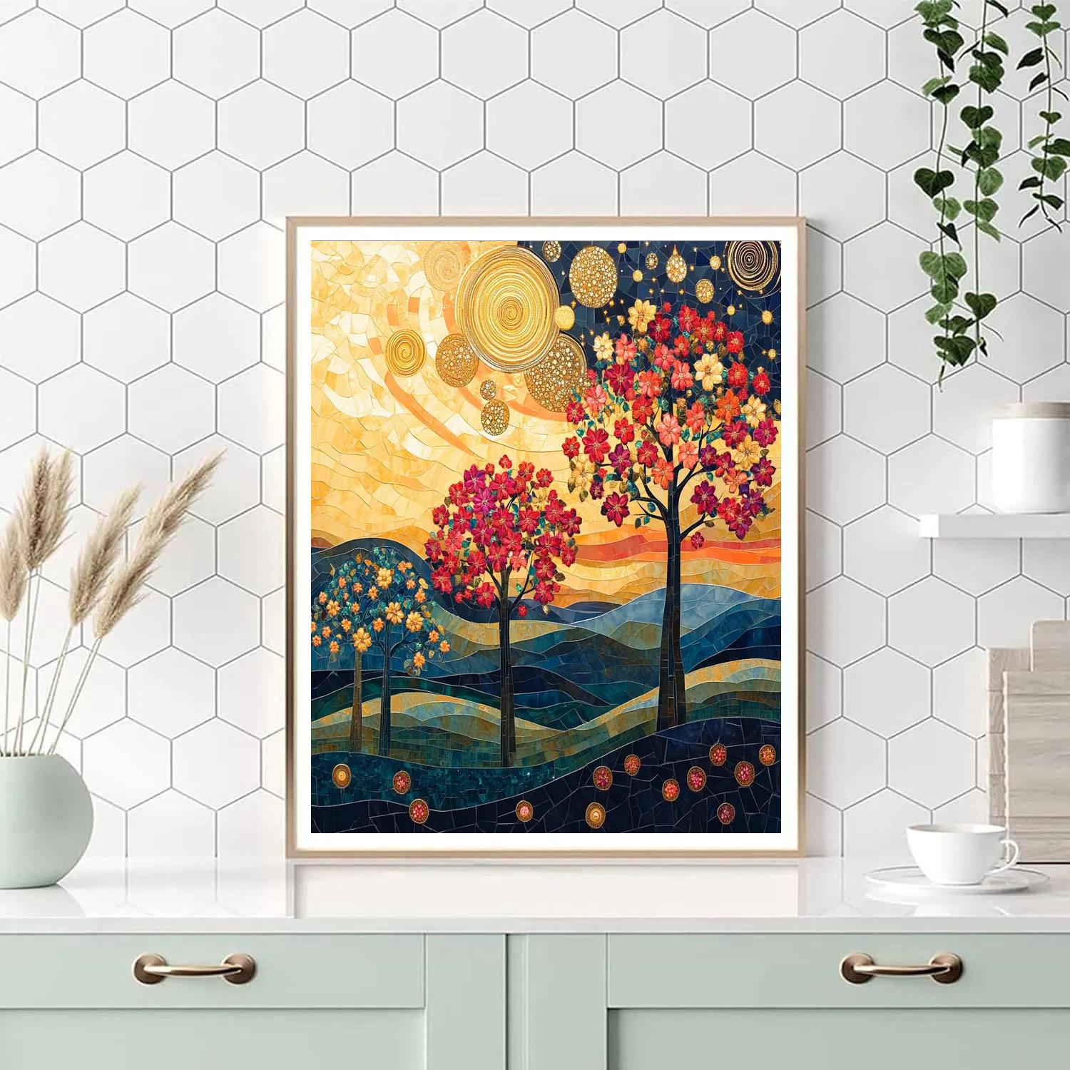 Gustav Klimt Inspired Ornate Sunset Over Blossoming Hills Number painting