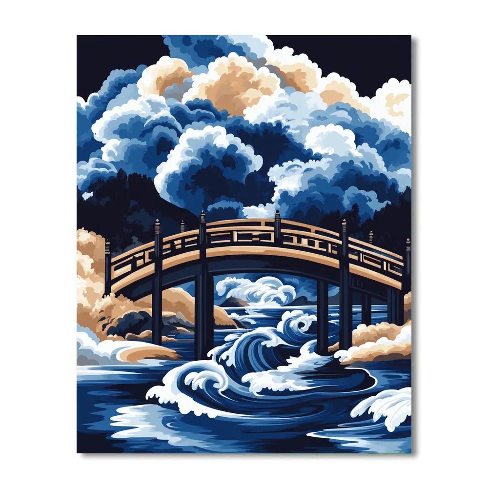 Hokusai Inspired Storm Over Mountain Bridge Painting by numbers kit