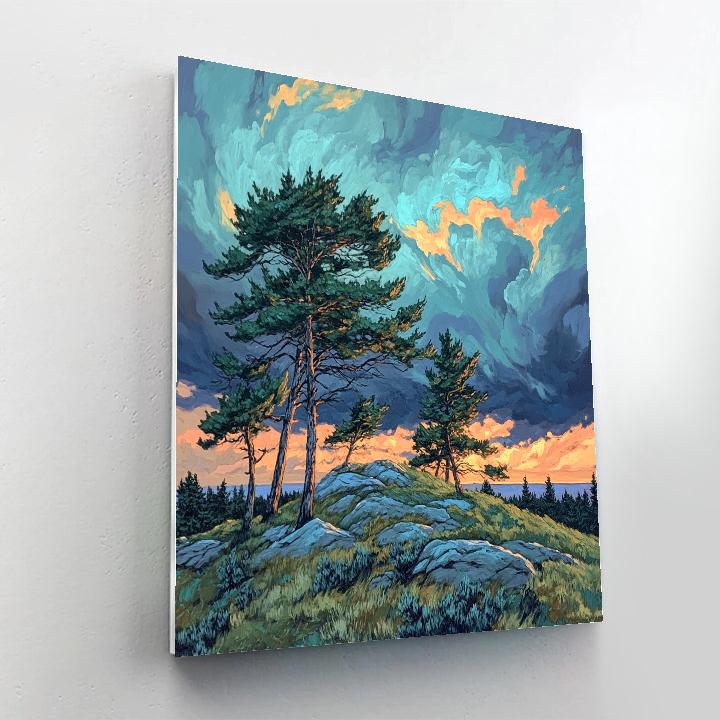 Frederick Varley Inspired Storm-Charged Pine Ridge At Dusk paint by number
