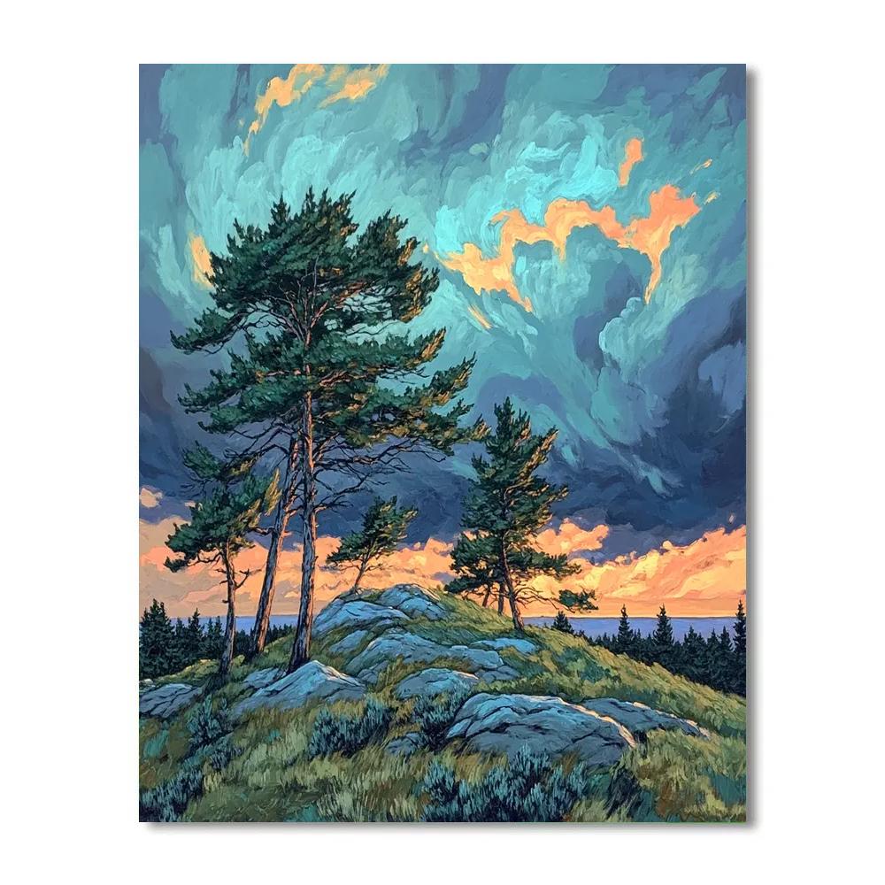 Frederick Varley Inspired Storm-Charged Pine Ridge At Dusk paint by number