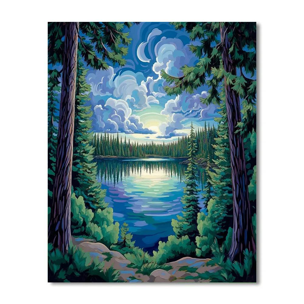 J E H MacDonald Inspired Rhythmic Pine Forest And Serene Lake Vista DIY paint by numbers